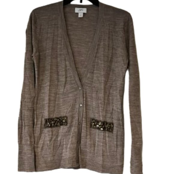 LOFT Tan 70% Wool Cardigan w/Embellishments -  Medium - Picture 1 of 5